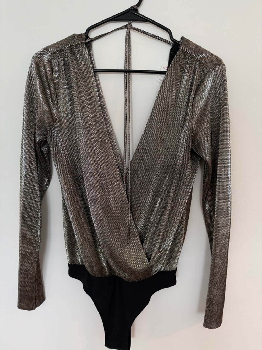 BCBGeneration Silver Metallic Surplice Long-Sleeve Bodysuit